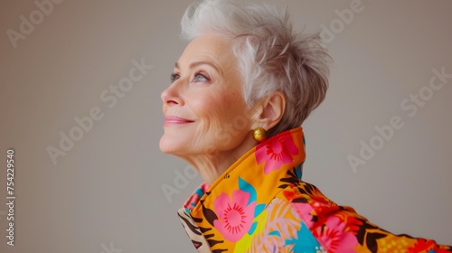 Elegant and graceful, a senior woman gazes into the distance, her kidcore-inspired floral jacket a testament to her enduring style and vivacity.