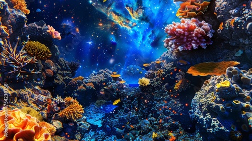 An illustration that dives into the heart of a coral ecosystem, enveloped by a radiant galactic aura, where oceanic life meets celestial wonder.