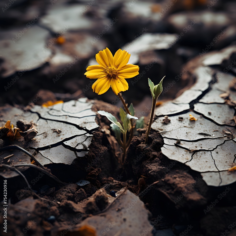 radiant yellow flower growing amidst the cracked, muddy ground
