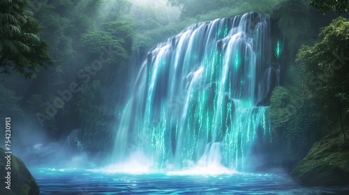 A breathtaking illustration of a waterfall cascading into a serene pool, its waters glowing with an ethereal light amidst a lush tropical forest.