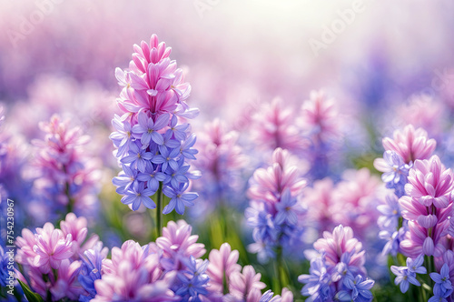 Field of purple flowers with the sun shining brightly in the background © I.H