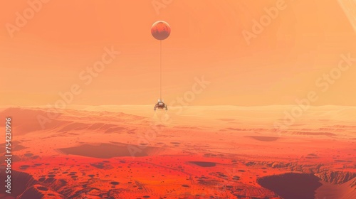 A spacecraft ascends from the Martian surface, tethered to a celestial balloon, set against an expansive orange sky.