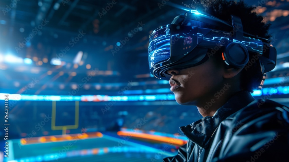 A sports fan engages with an electrifying virtual stadium experience, capturing the thrill of the game through VR. A sports fan engages with an electrifying virtual stadium experience, capturing the thrill of the game through VR.
