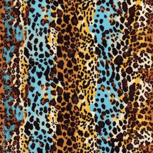 A bold and vivid seamless pattern featuring leopard spots in turquoise and yellow on a deep brown backdrop  ideal for textiles and wallpapers.