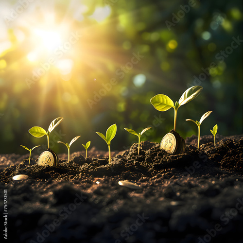 A close-up of a pile of coins with green sprouts reaching for the sunlight. This image symbolizes growth, prosperity, and the potential for investment to yield positive results.