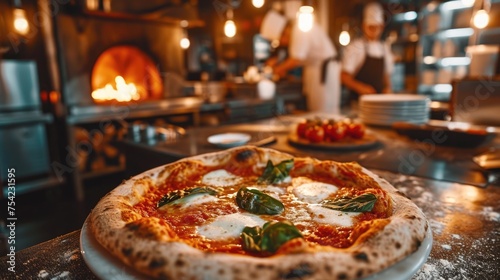 A sumptuous Margherita pizza straight out of the brick oven, capturing the essence of Italian cooking in a bustling kitchen setting. photo