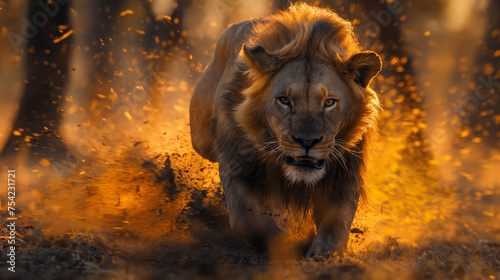 The Lion is running and chasing its preyThe Lion overtaking, utilizing rear curtain sync for a dynamic motion effect