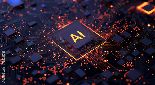 Enlarged view of a detailed computer chip circuit with the word AI on the chip. Microscope view