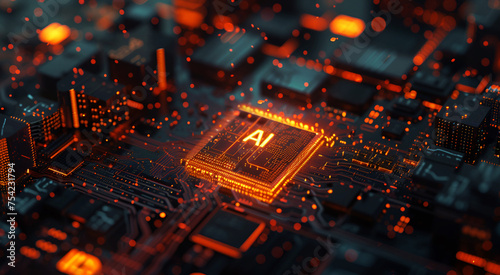 Enlarged view of a detailed computer chip circuit with the word AI on the chip. Microscope view