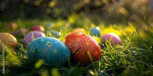  Colorful easter eggs on green grass with chamomile flower,A group of easter eggs on the ground with trees in the background.