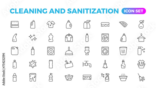 Cleaning line icons. Laundry, Window sponge, and Vacuum cleaner icons. Washing machine, Housekeeping service, and Maid cleaner equipment. Window cleaning, Wipe off, laundry washing machine.