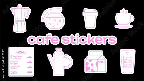 Cafe stickers. Collection of various patches, tags, sticker and stamps, trendy promo labels. Vector set