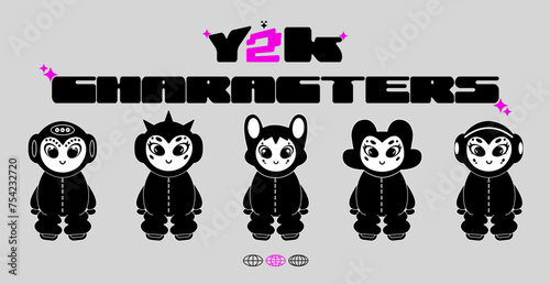 Retro cartoon girl character in Y2K style. Cyber girls for 90s design. Collection of vector objects