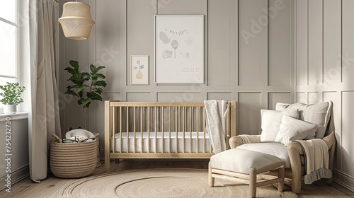 Gender neutral baby nursery room and decor over beige background. baby shower or birth announcement cards or wallpapers, with neutral theme , 