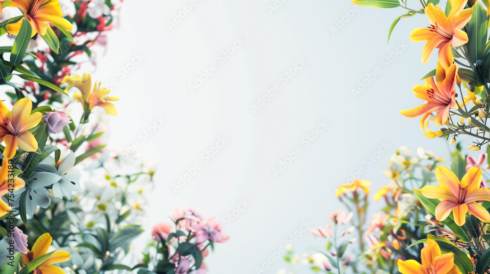 Vibrant lilies and other flowers in full bloom against a soft blue background, ideal for spring or garden themes. Copy space in the centre. Vibrant lilies and other flowers in full bloom against a soft blue background, ideal for spring or garden themes. Copy space in the centre.