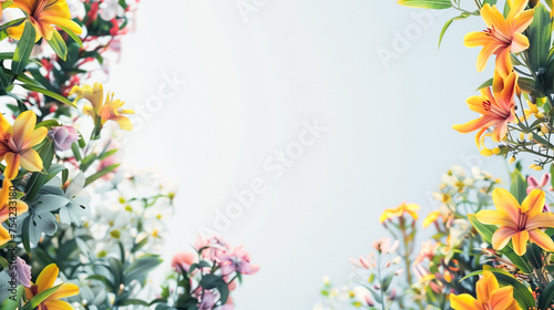 Vibrant lilies and other flowers in full bloom against a soft blue background, ideal for spring or garden themes. Copy space in the centre. © Andrey