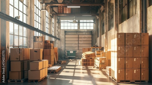industry warehouse with cardboard containers pallets and equipment  photo