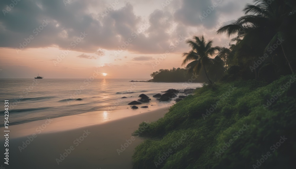 photo mesmerizing view of the calm ocean and the trees in the shore during sunset in indonesia photo mesmerizing view of the calm ocean and the trees in the shore during sunset in indonesia