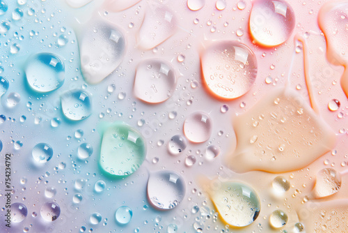 macro drops of serum, liquid or gel of a cosmetic product close-up on a pastel background