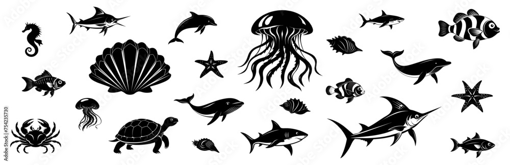 Set of marine animals. Sea creatures silhouettes Set of marine animals. Sea creatures silhouettes
