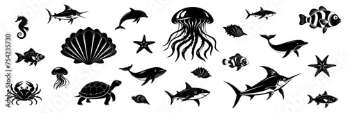 Set of marine animals. Sea creatures silhouettes © Bon_man