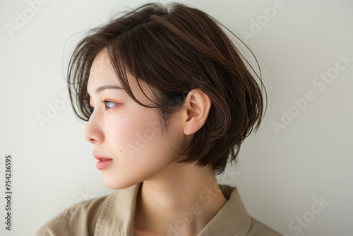 Close-up portrait of a young Asian woman with a thoughtful expression