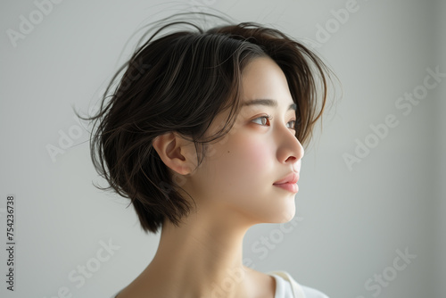 Profile view of a serene Asian woman with short hair against a white background photo