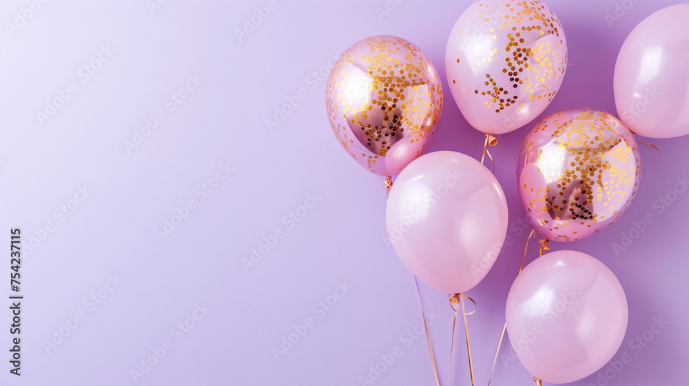 Pink gold foil balloons on a pastel purple background Pink gold foil balloons on a pastel purple background