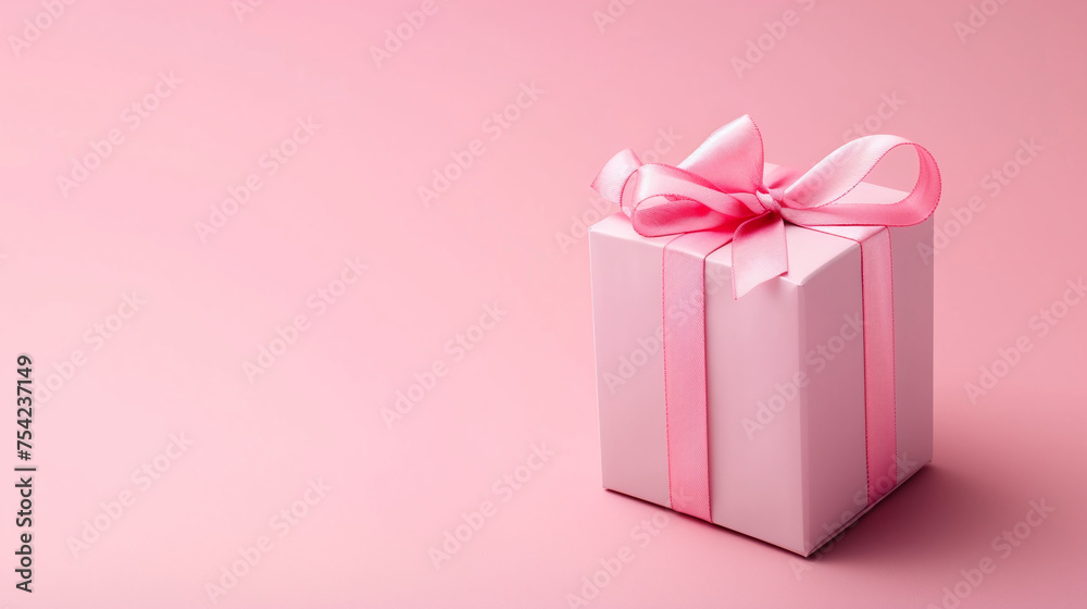 Decorative pink gift box with satin pink bow and ribbon. Celebration, occasions day with copy space for text or logo