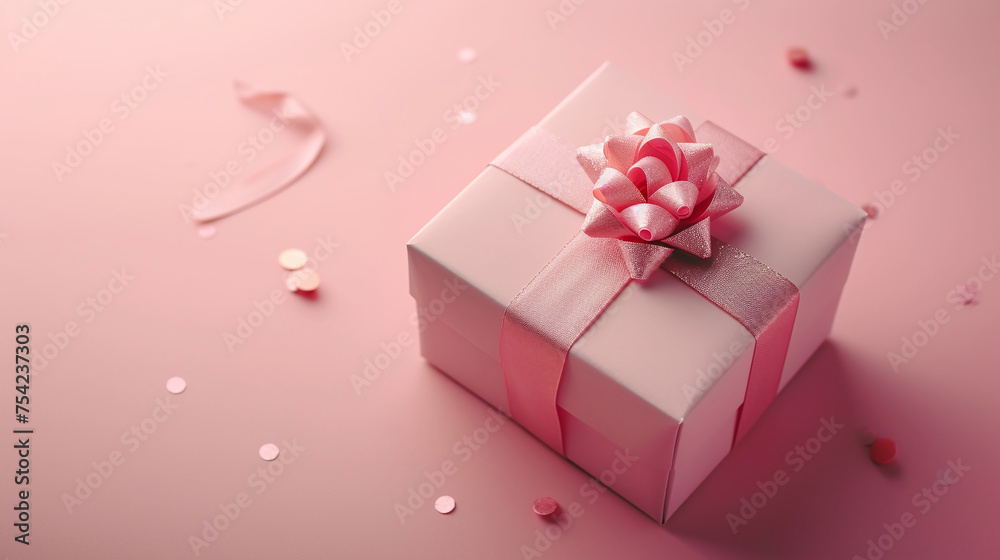 Decorative pink gift box with satin pink bow and ribbon. Celebration, occasions day text. Top view, copy space for text or logo