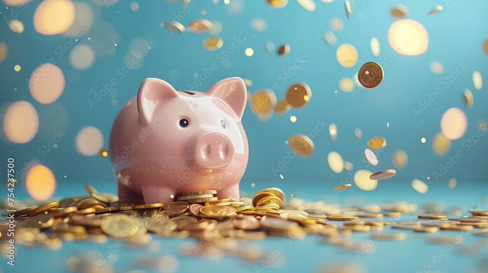 Playful piggy bank reveling in a shower of golden coins symbolizing savings - obrazy, fototapety, plakaty 