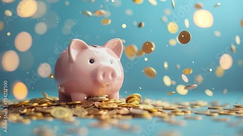 Playful piggy bank reveling in a shower of golden coins symbolizing savings