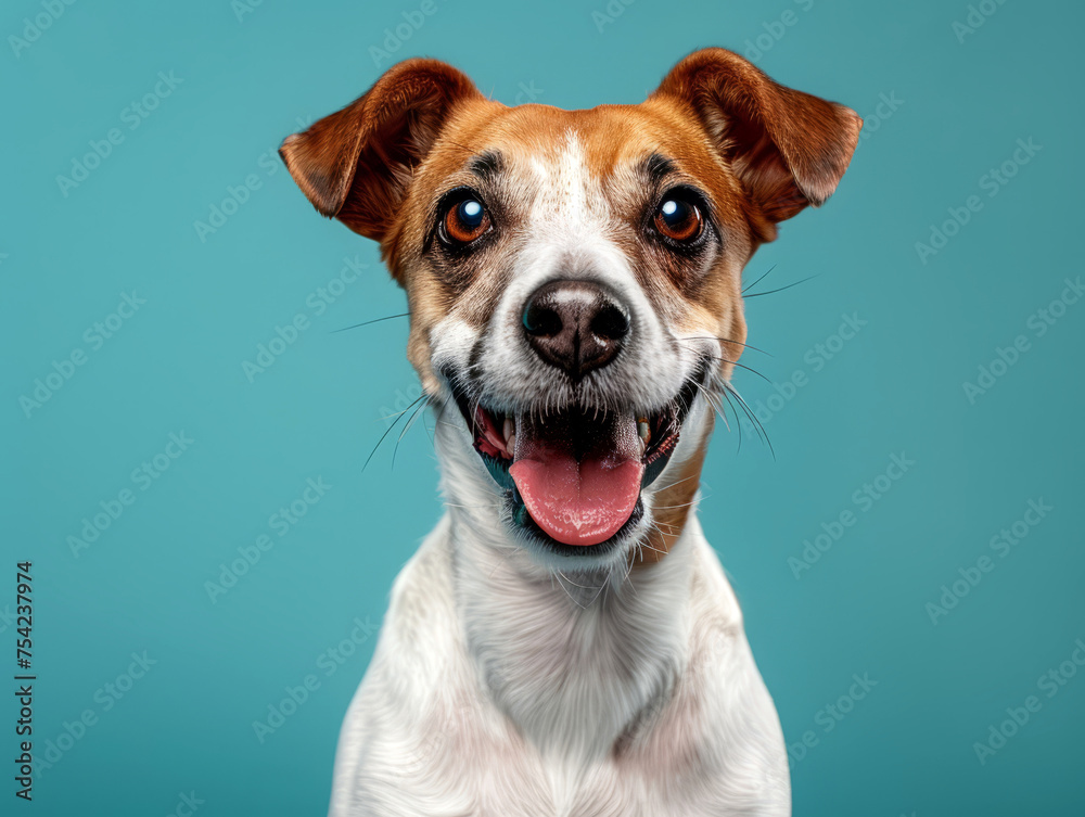 portrait of a happy dog on a blue background, 