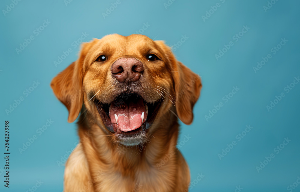 portrait of a happy dog on a blue background, 