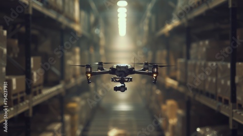 Advanced quadcopter drone flying in a modern warehouse for efficient inventory