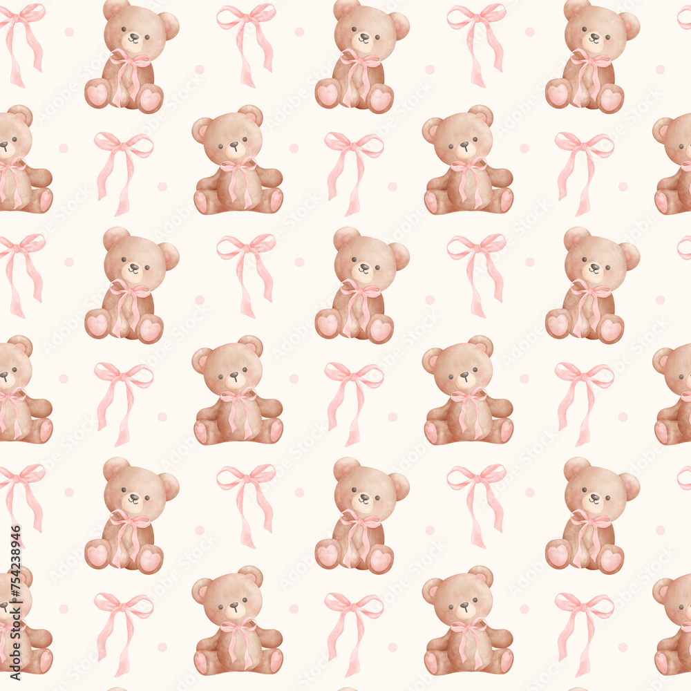 Coquette teddy bear with pink ribbon bow watercolor hand painting, trendy illustration.
