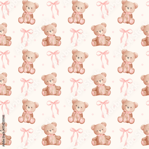 Coquette teddy bear with pink ribbon bow watercolor hand painting, trendy illustration.