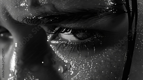 Tear streaming from a woman's eye in close-up. Crying woman. Cinematic. AI generative.
