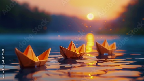 Origami boats sailing gently on a serene pond, their silhouettes against the sunset