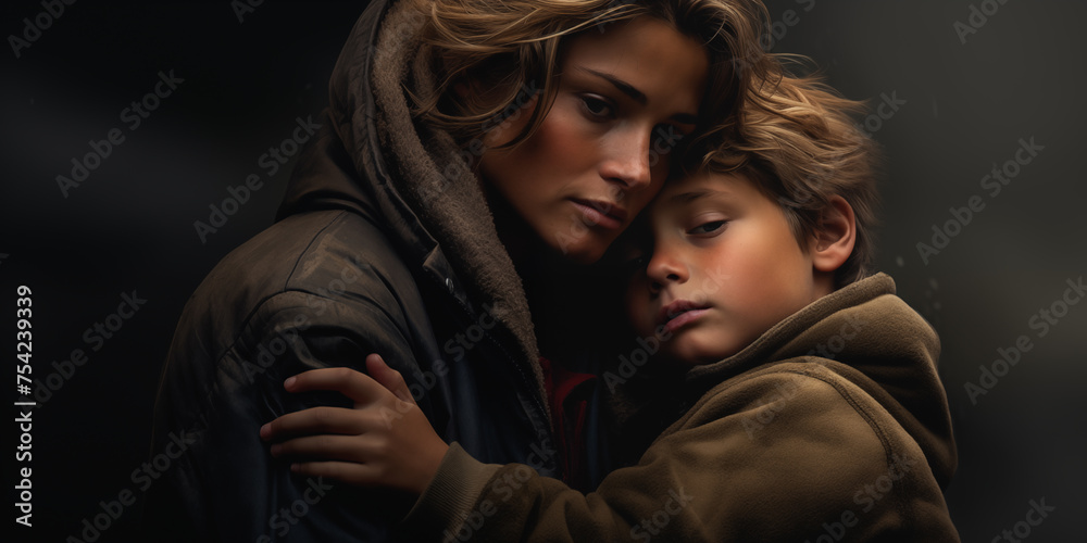 Mother and little kid son isolated on dark background, Mother's Day love family parenthood childhood concept, Portrait of mother with son