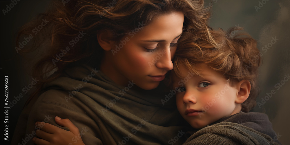 Mother and little kid son isolated on dark background, Mother's Day love family parenthood childhood concept, Portrait of mother with son