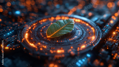 The leaf in a digital neon circle. digital technology and eco friendly technology concept. future technology growing concepts. © Grewon