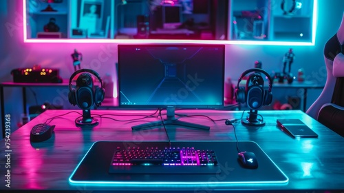 view of neon illuminated gaming desk setup with keyboard  photo