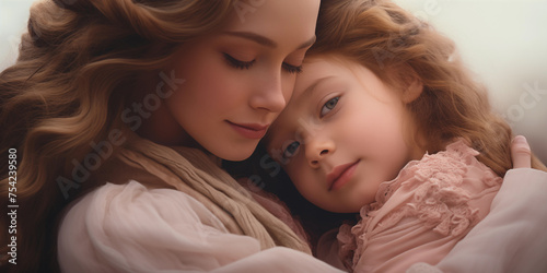 Mother and little kid daughter isolated on peach fuzz background, Mother's Day love family parenthood childhood concept, Portrait of mother with daughter