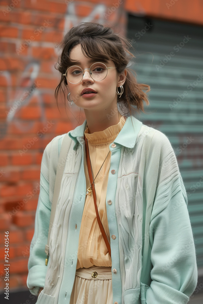 young woman in a knitted pastel cardigan and shirt in the Grandpacore or Grandmacore aesthetics young woman in a knitted pastel cardigan and shirt in the Grandpacore or Grandmacore aesthetics