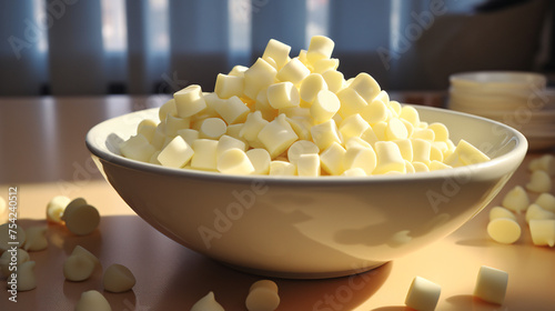 Bowl of white chocolate chips .. .