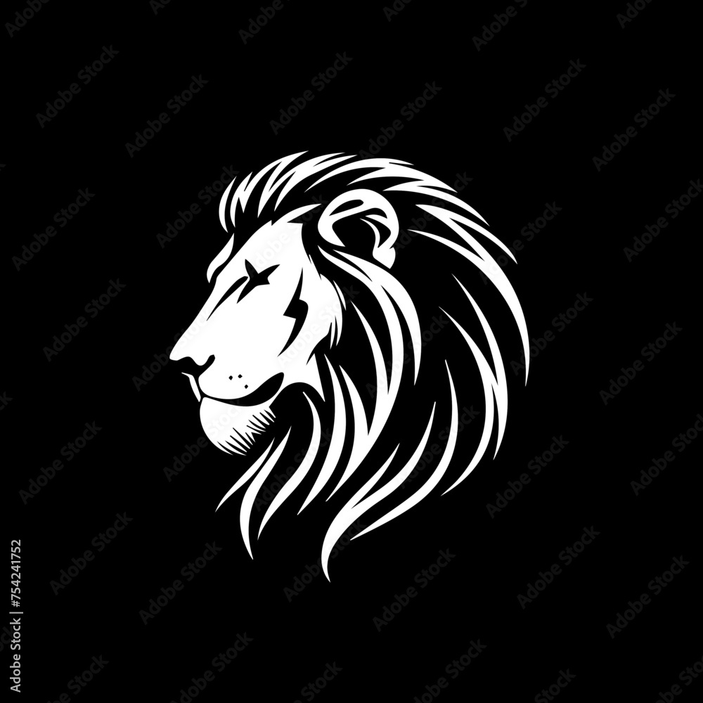 mininalist logo of an lion animal simple black and white vector isolated on black background