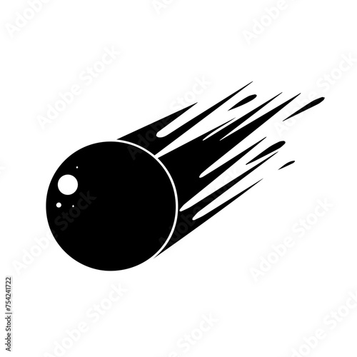 a black and white icon of a ball comet in motion isolated on white background