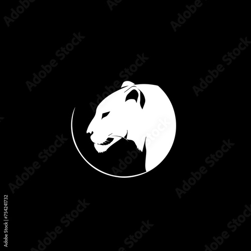 mininalist logo of an female lion animal simple black and white vector isolated on black background photo