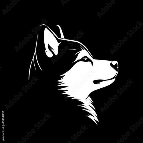 lconic logo dog minimalist graphics simple lines black and white vector isolated on black background photo